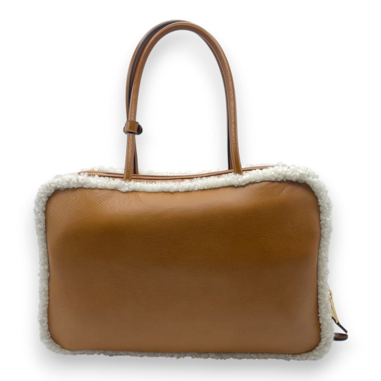 Pre-owned Miu Miu Shearling Top Handle Beau Bag 34 Cognac/Natural Sheepskin Gold Hardware