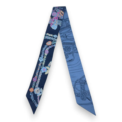 プレオウンドエルメス ツイリー ブリッド・ドゥ・ガラ・アン・フルール＆アイライナー マリン/ピンク/ブルージーン シルク100%