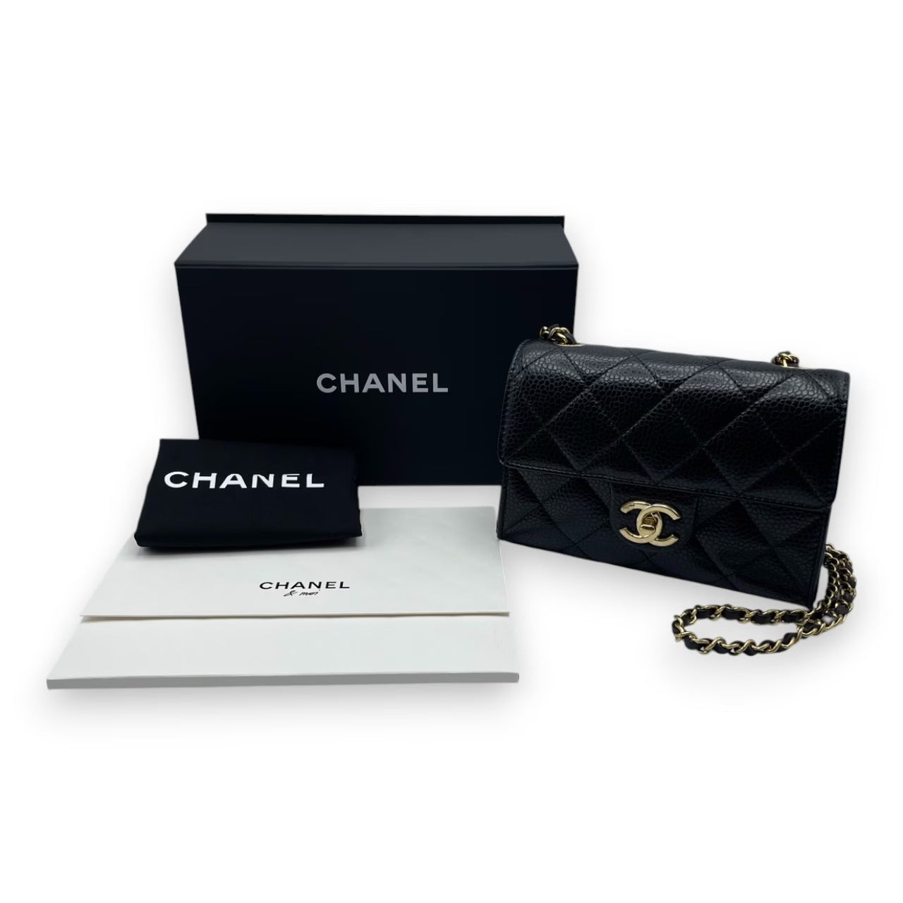 プレオウンドシャネル ミニ フラップバッグ 19 ブラック キャビアスキン ゴールド金具
