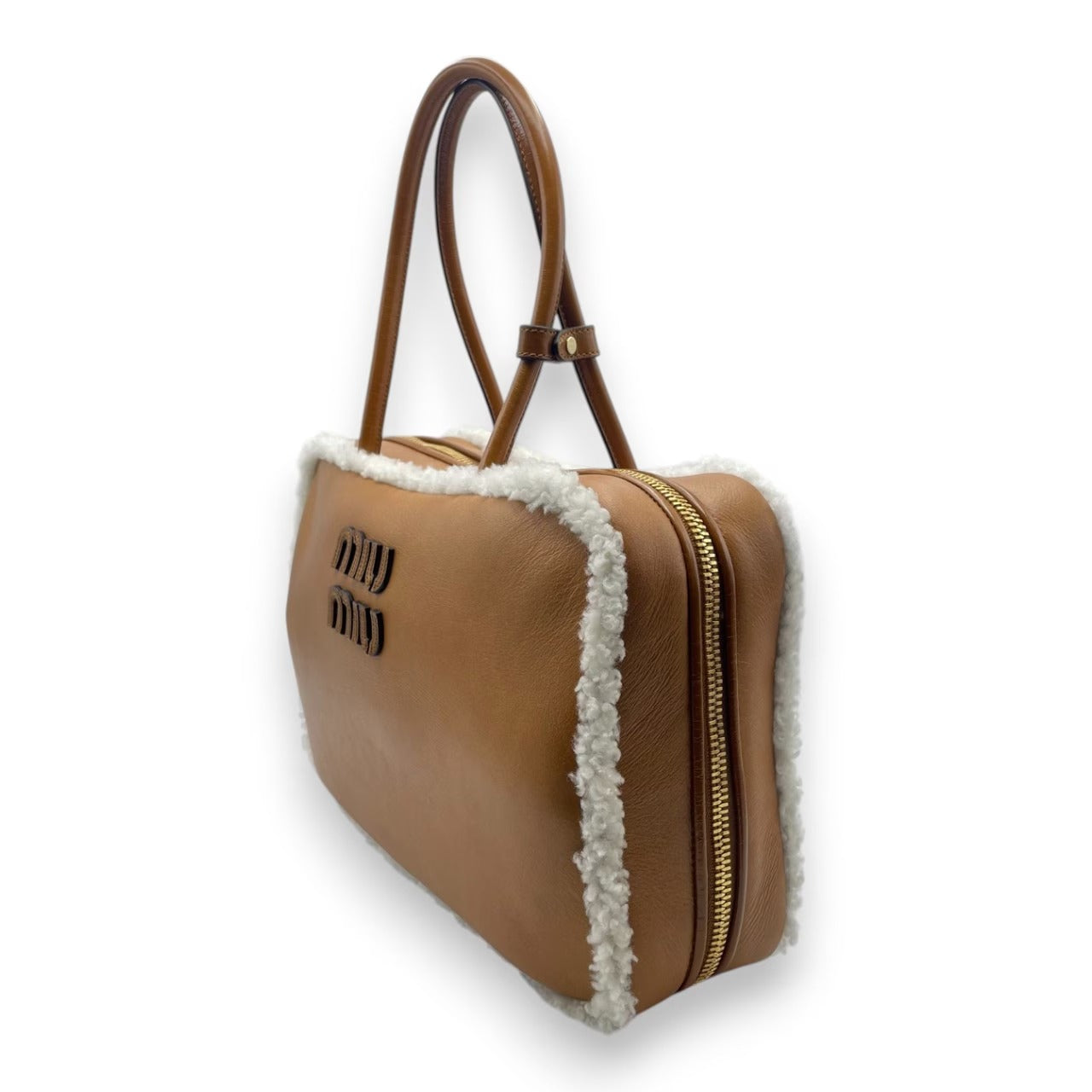 Pre-owned Miu Miu Shearling Top Handle Beau Bag 34 Cognac/Natural Sheepskin Gold Hardware