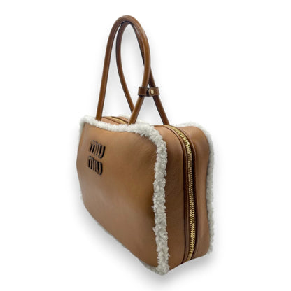 Pre-owned Miu Miu Shearling Top Handle Beau Bag 34 Cognac/Natural Sheepskin Gold Hardware