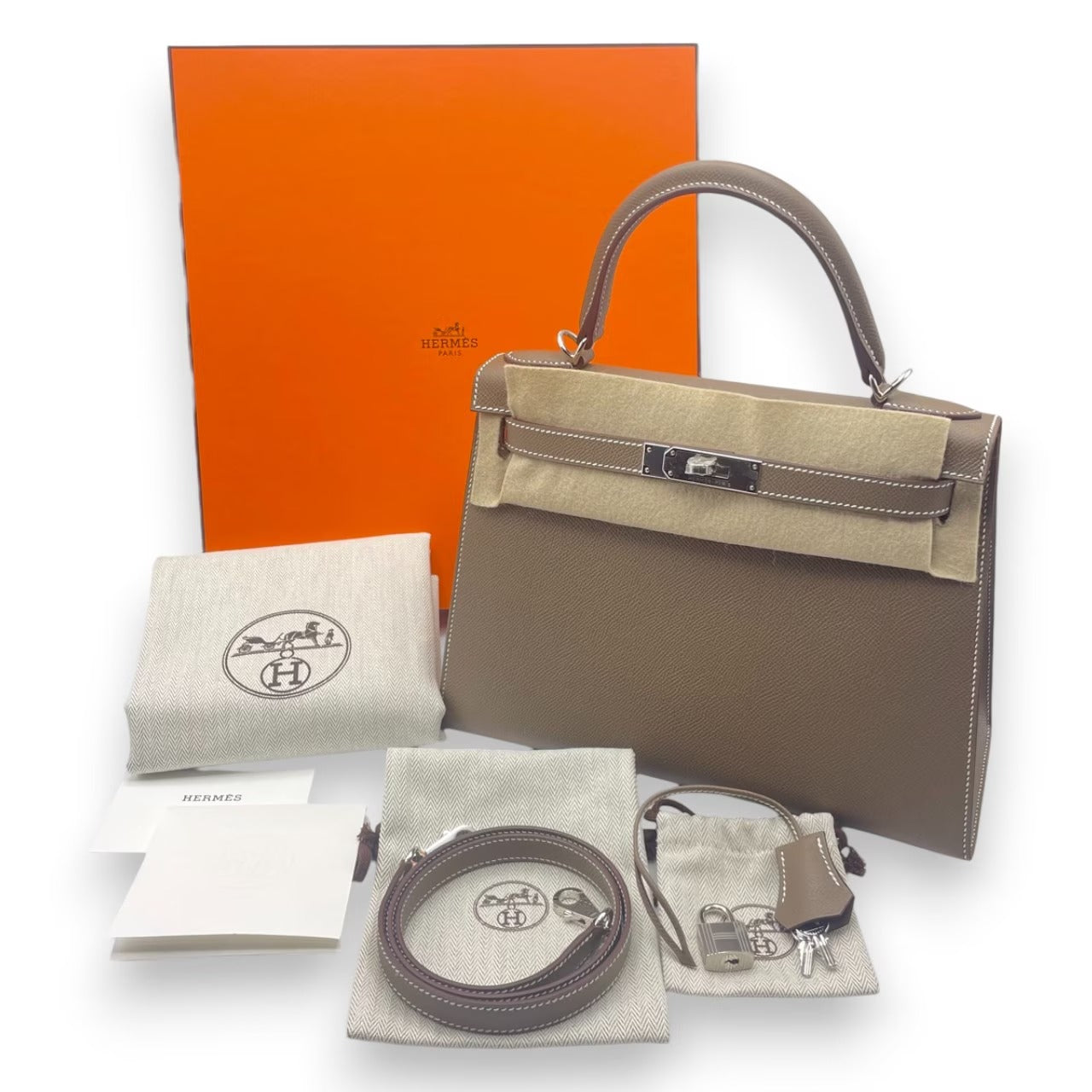 プレオウンドエルメス ケリー 28 エトゥープ エプソン シルバー金具 K刻印