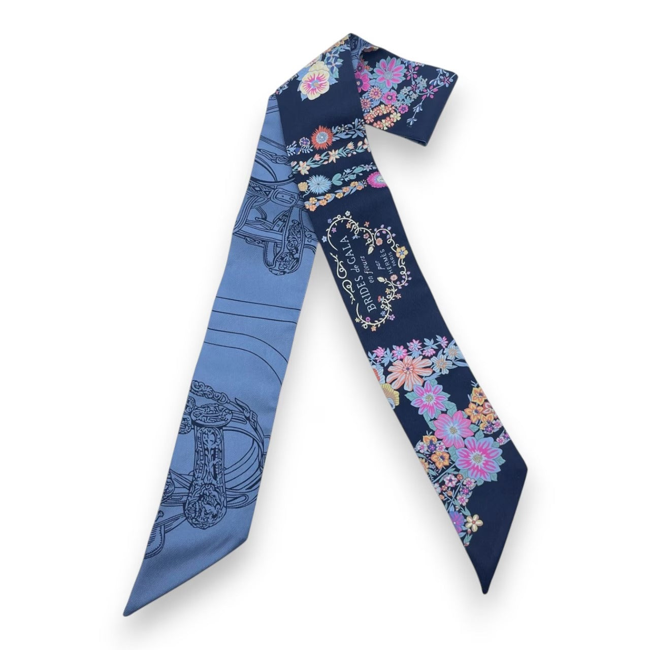 プレオウンドエルメス ツイリー ブリッド・ドゥ・ガラ・アン・フルール＆アイライナー マリン/ピンク/ブルージーン シルク100%