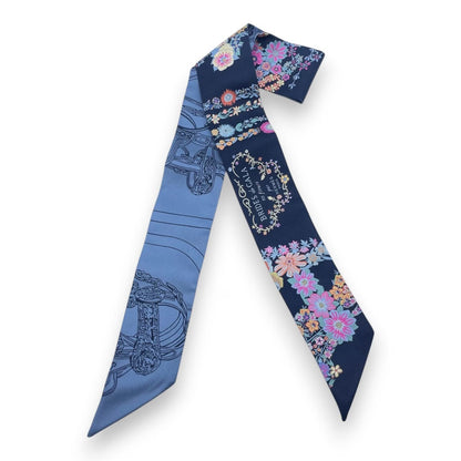 プレオウンドエルメス ツイリー ブリッド・ドゥ・ガラ・アン・フルール＆アイライナー マリン/ピンク/ブルージーン シルク100%