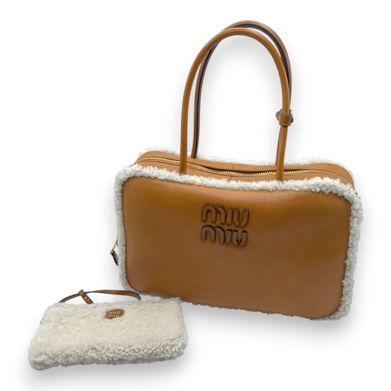 Pre-owned Miu Miu Shearling Top Handle Beau Bag 34 Cognac/Natural Sheepskin Gold Hardware