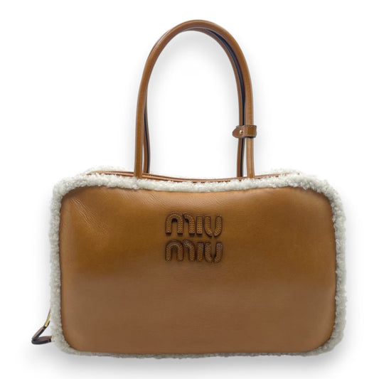 Pre-owned Miu Miu Shearling Top Handle Beau Bag 34 Cognac/Natural Sheepskin Gold Hardware