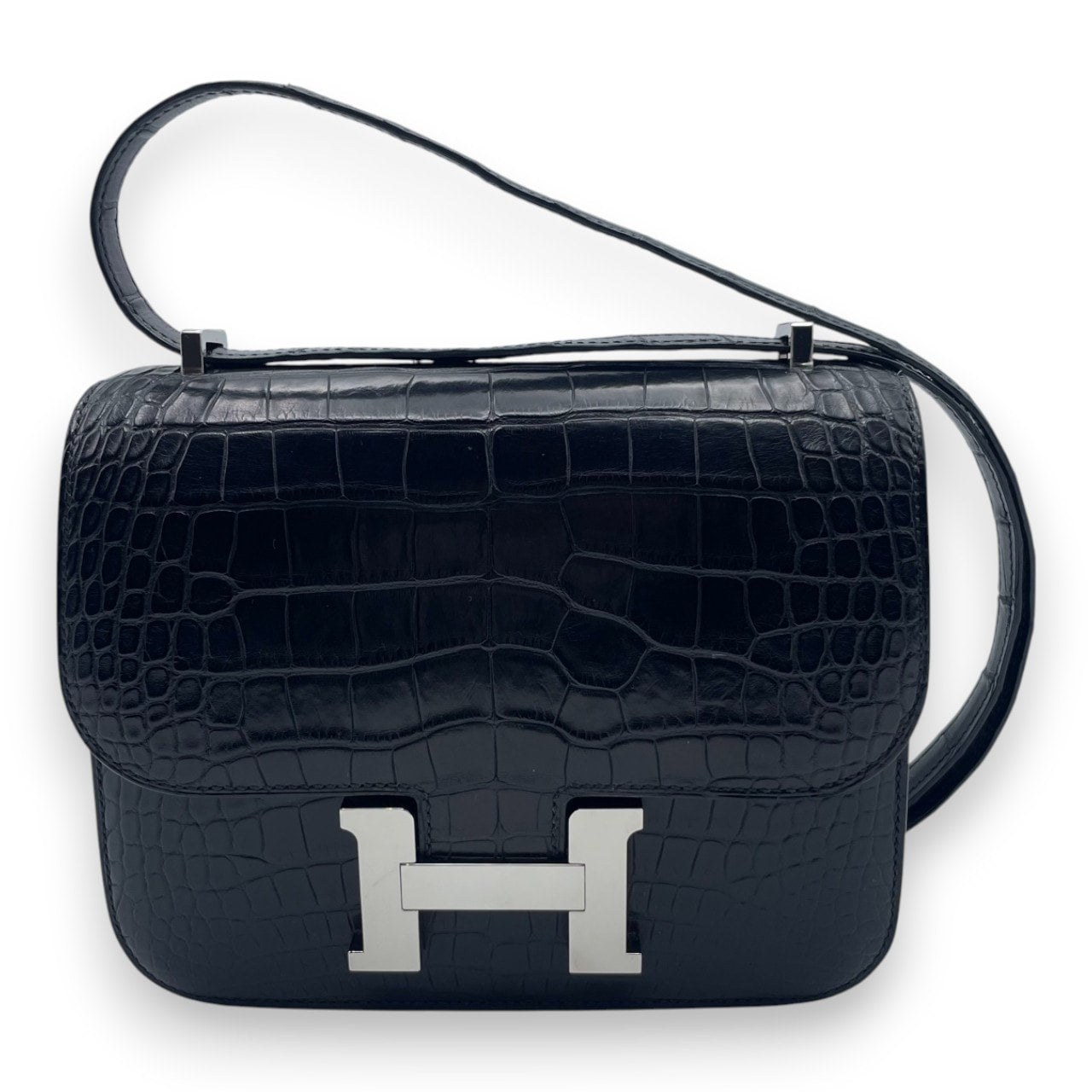 プレオウンドエルメス コンスタンスミニ 18 ノワール アリゲーターマット シルバー金具 Y刻印