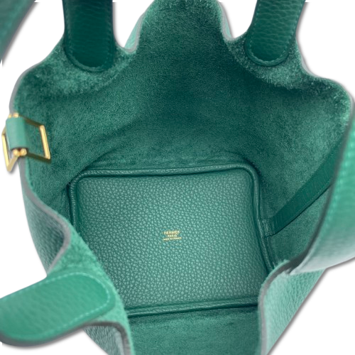 Pre-owned Hermes Picotan Lock PM Vert Moyen Taurillon Clemence Gold hardware K stamp