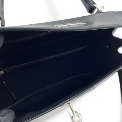 Pre-Owned Hermes Kelly 25 Noir Box Calf Silver Hardware B Engraved