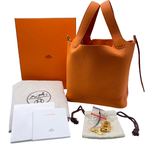 Pre-Owned Hermes Picotin Lock PM Orange Gold Hardware B Engraved