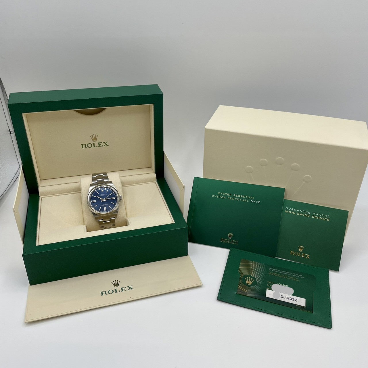 사전 소유 롤렉스 굴 영구 124300 굴 팔찌 밝은 파란색 41mm