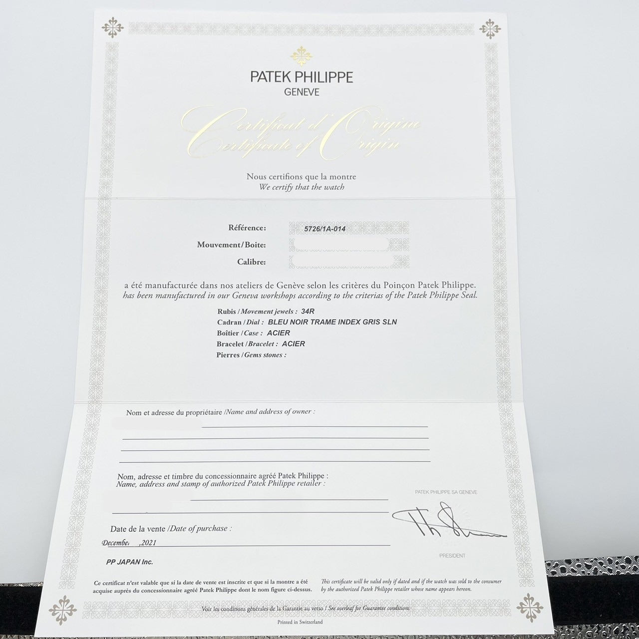 사전 소유의 Patek Philippe Nautilus 연례 달력 5726A-001 Black 40.5mm