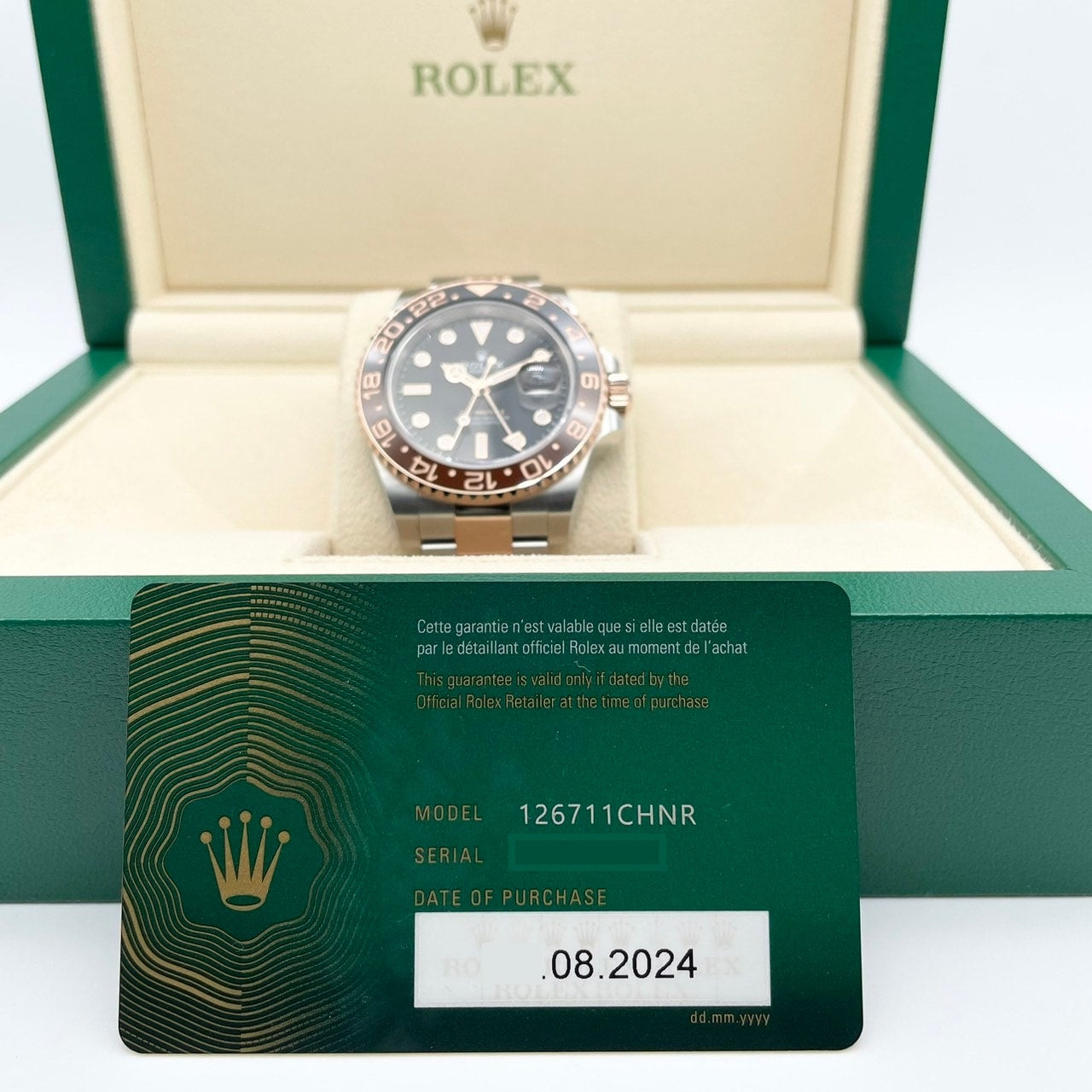 사전 소유 롤렉스 GMT 마스터 II 126711CHNR 검은 스테인레스 스틸 X 에버 로즈 골드 굴 팔찌 40mm