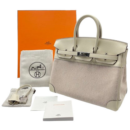 Hermes Birkin 25 Nata Swift/Toile Ash Silver Metal Fittings w 새겨 져