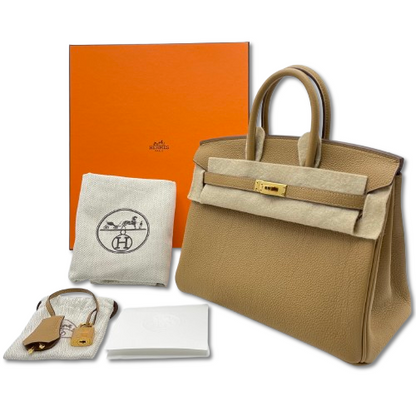 Hermes Birkin 25 비스킷 토고 골드 ​​하드웨어 B가 새겨 져 있습니다