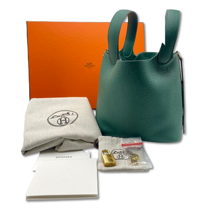 Pre-owned Hermes Picotan Lock PM Vert Moyen Taurillon Clemence Gold hardware K stamp