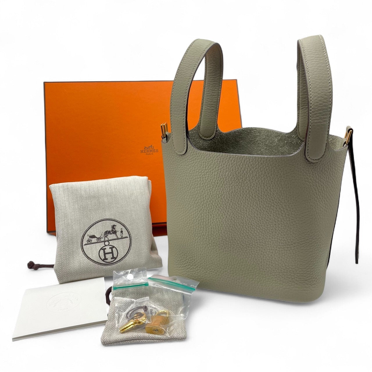 Pre-owned Hermes Picotan Lock PM Sage Taurillon Clemence Gold hardware K stamp