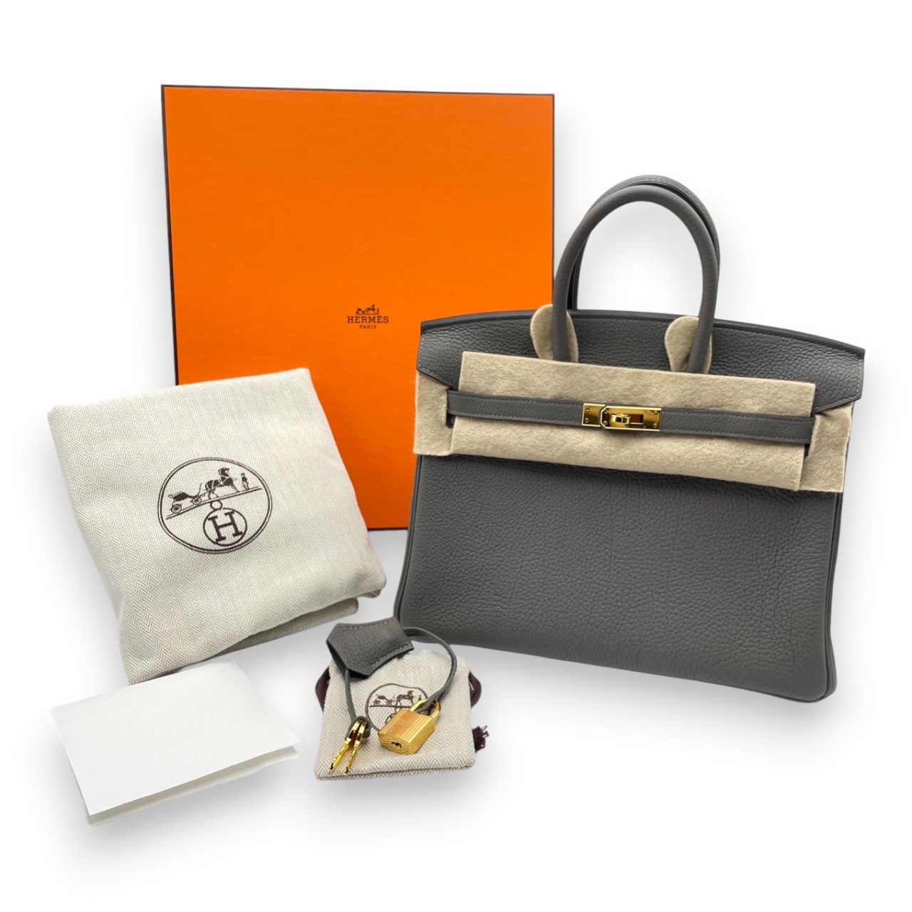 Pre-owned Hermes Birkin 25 Ethane Togo Gold hardware B engraved