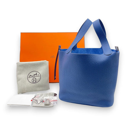 Pre-owned Hermes Picotan lock MM Blue tie Taurillon Clemence Silver hardware W engraved