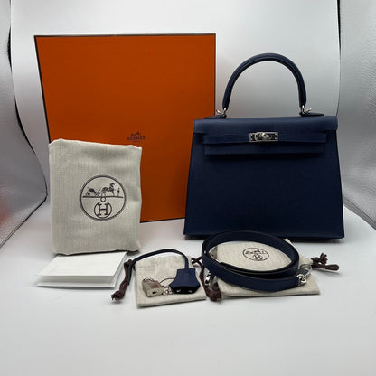 Pre-Owned Hermes Kelly 25 Blue Navy Vaud Epson Silver Fittings W Engraved