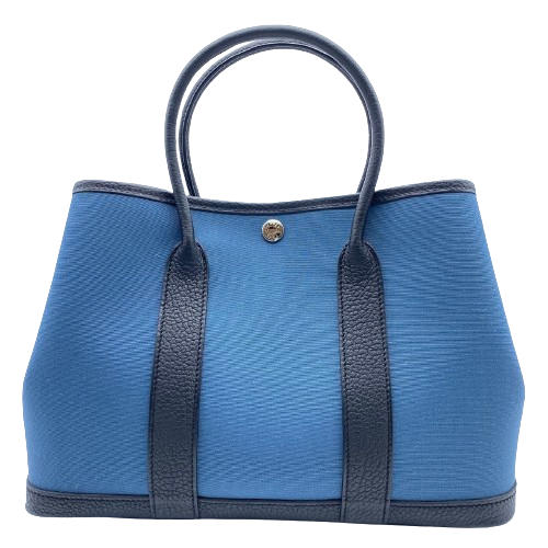 Pre-Owned Hermes Garden Party TPM Blue Jean Canvas/Leather Silver Metal Fittings W Engraved