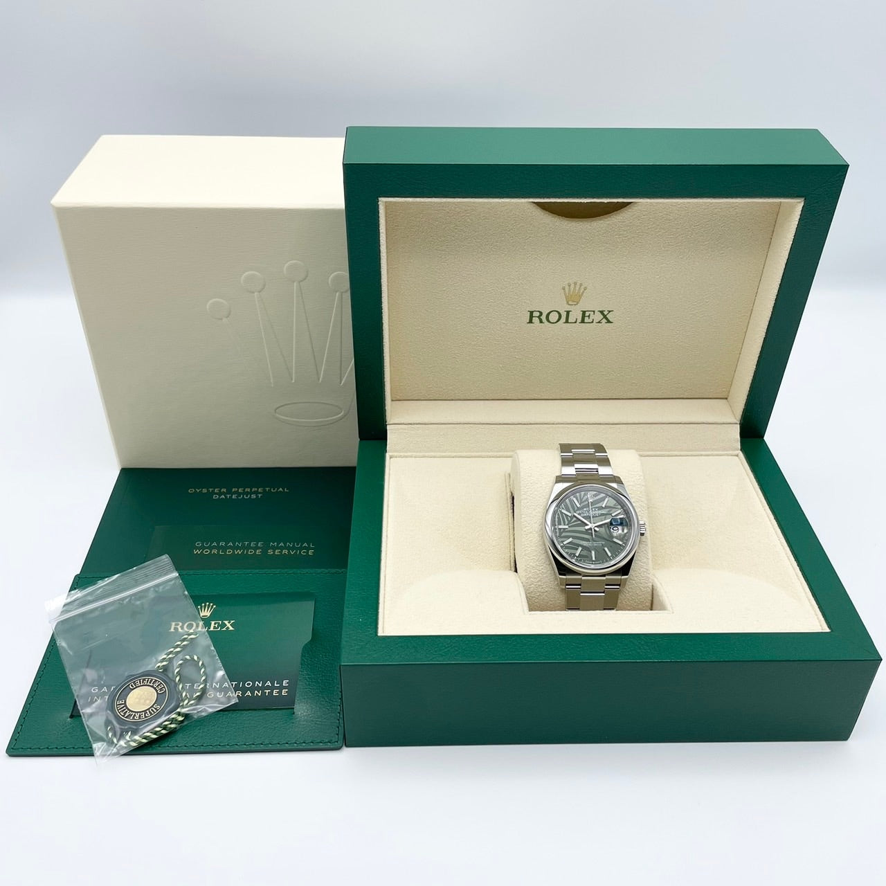 プレオウンド ロレックス デイトジャスト 126200 オリーブグリーン パームモチーフ 36mm　オイスターブレス