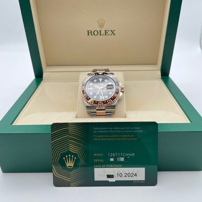 사전 소유 롤렉스 GMT 마스터 II 126711CHNR 검은 스테인레스 스틸 X 에버 로즈 골드 굴 팔찌 40mm