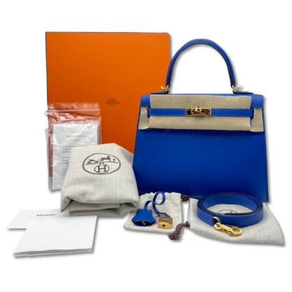 Pre-owned Hermes Kelly 25 Blue France Epson Gold hardware Z engraved