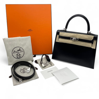 Pre-Owned Hermes Kelly 25 Noir Box Calf Silver Hardware B Engraved
