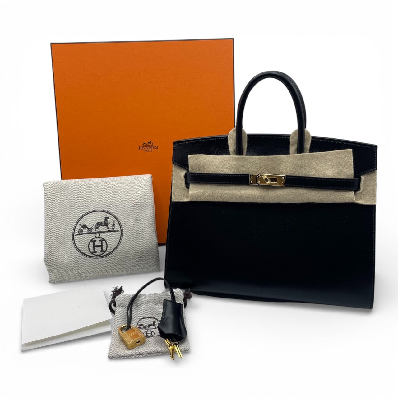 二手爱马仕 Birkin Serie 25 Noir Box 小牛皮金色五金件 K 印章