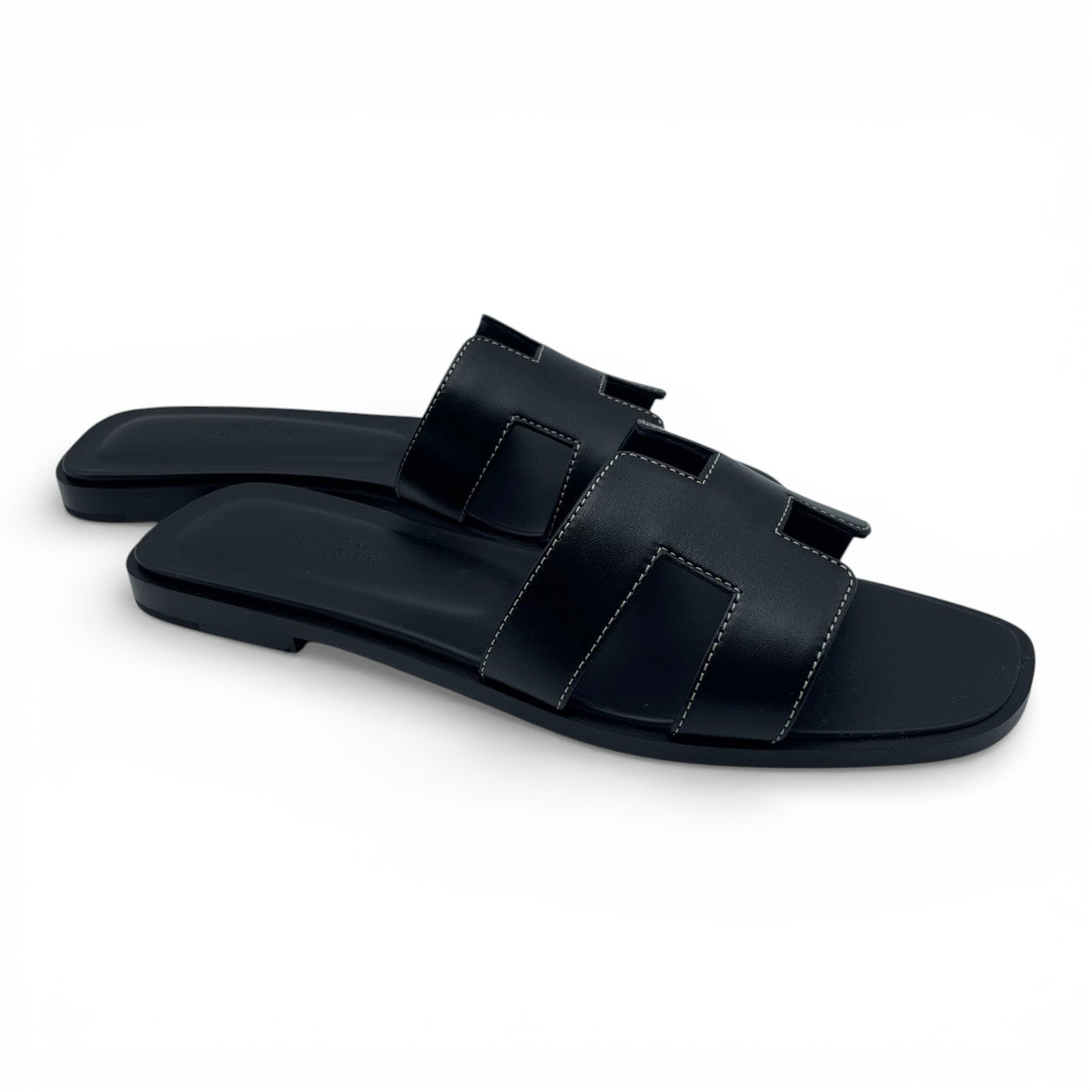 プレオウンドエルメス オラン サンダル 38 ノワール ボックスカーフ 24cm