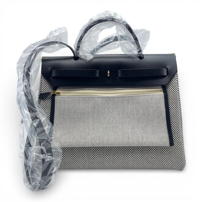 プレオウンドエルメス エールバッグジップ 31 PM ノワール トワルアッシュ ゴールド金具 K刻印