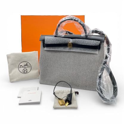 プレオウンドエルメス エールバッグジップ 31 PM ノワール トワルアッシュ ゴールド金具 K刻印