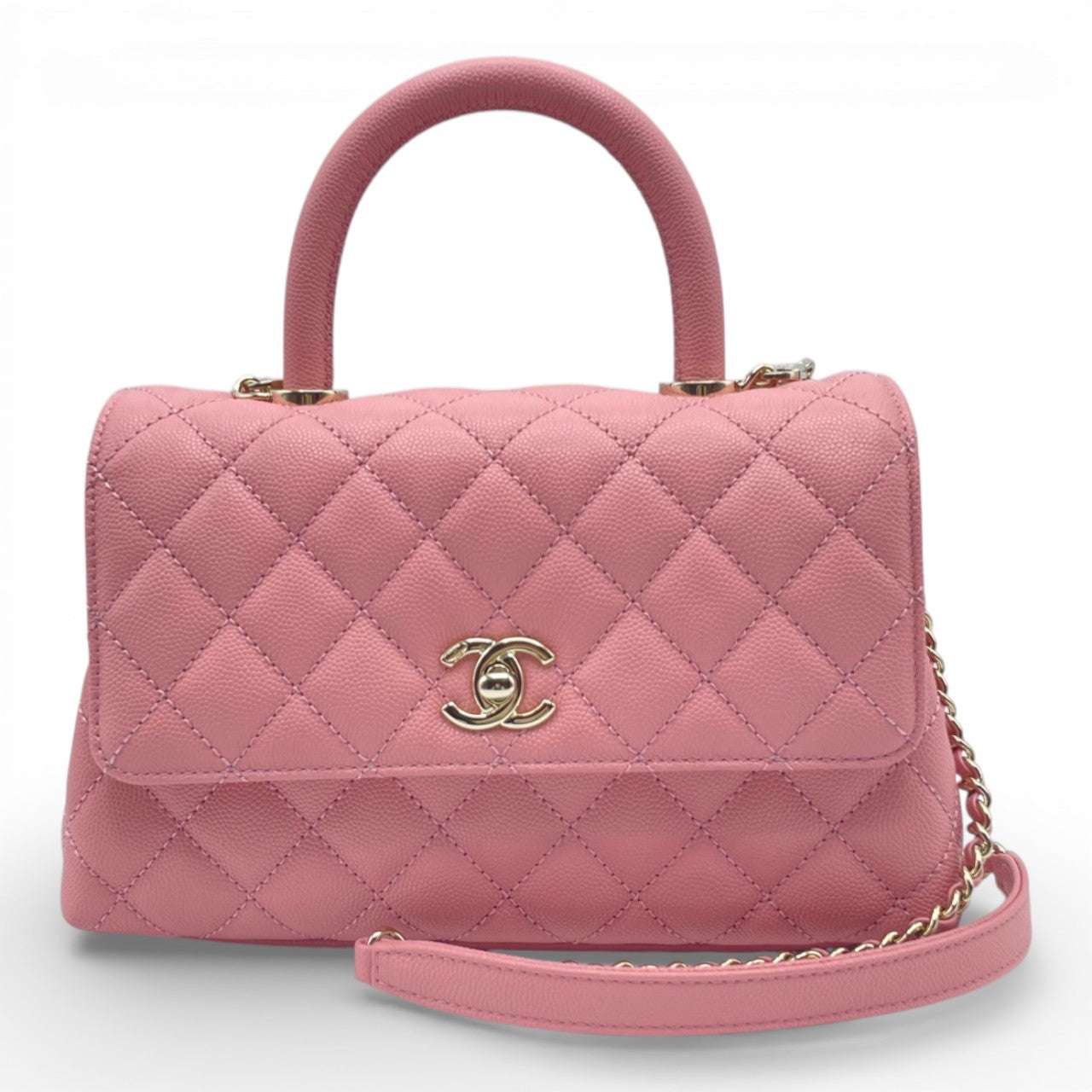 プレオウンドシャネル ココハンドル W24 ピンク キャビアスキン ゴールド金具