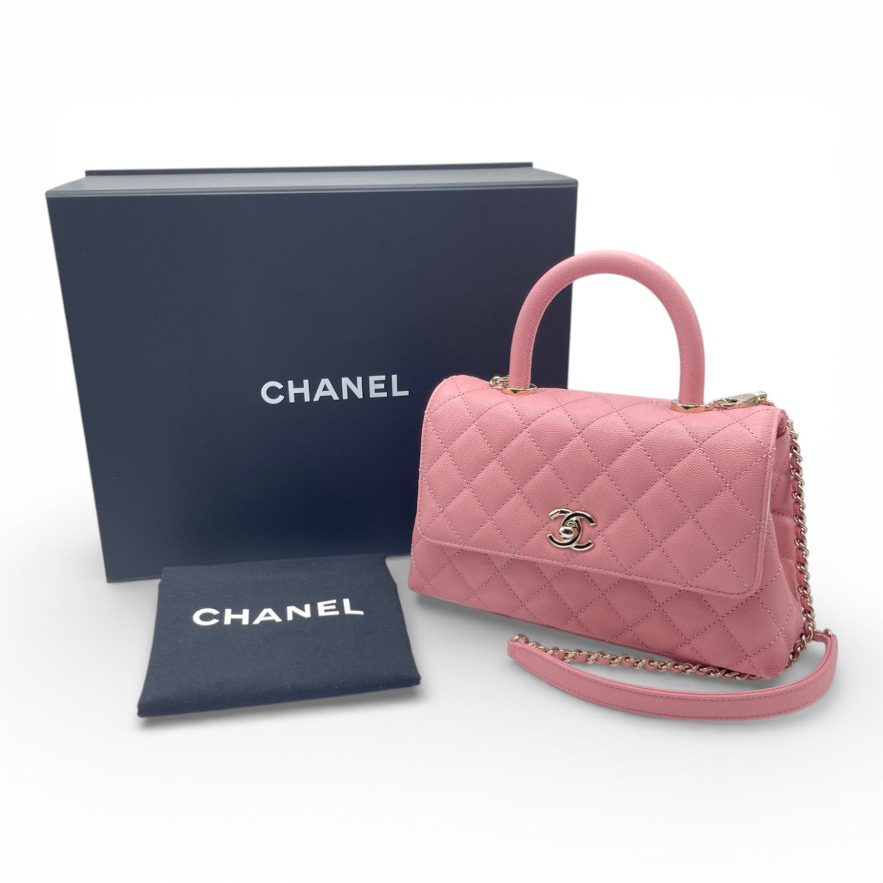プレオウンドシャネル ココハンドル W24 ピンク キャビアスキン ゴールド金具