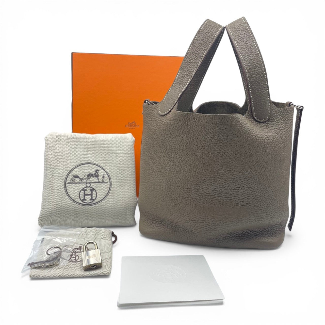 Pre-owned Hermes Picotan Lock PM Etoupe Taurillon Clemence Silver hardware Z engraved