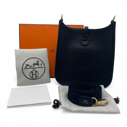 Pre-owned Hermes Mini Evelyn Amazone TPM Noir Taurillon Clemence Gold hardware K stamp