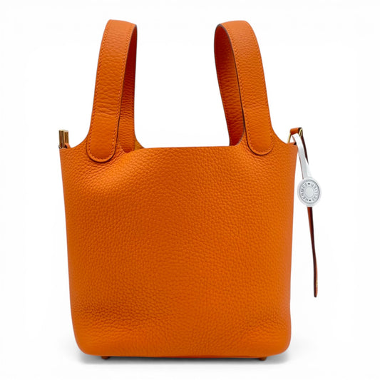 Pre-owned Hermes Picotan Lock PM Orange Taurillon Clemence Gold hardware K stamp