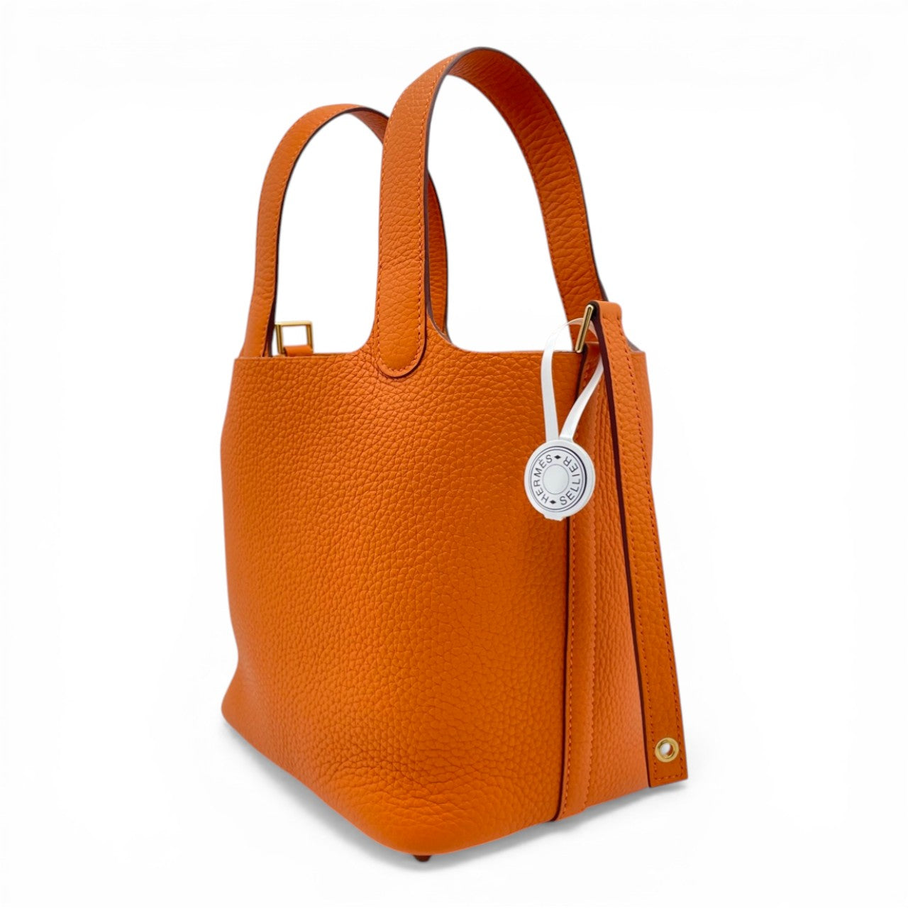 Pre-owned Hermes Picotan Lock PM Orange Taurillon Clemence Gold hardware K stamp