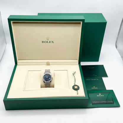 Pre-owned Rolex Day-Date 128349RBR Bright Blue Index Diamond Diamond Bezel 36mm