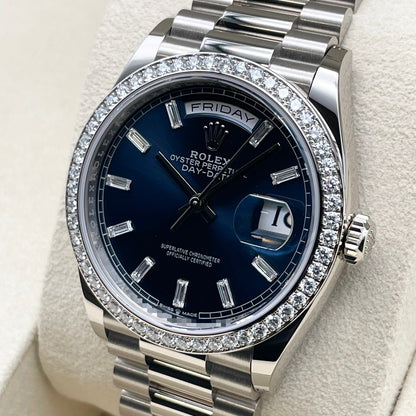 Pre-owned Rolex Day-Date 128349RBR Bright Blue Index Diamond Diamond Bezel 36mm
