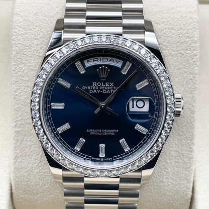 Pre-owned Rolex Day-Date 128349RBR Bright Blue Index Diamond Diamond Bezel 36mm