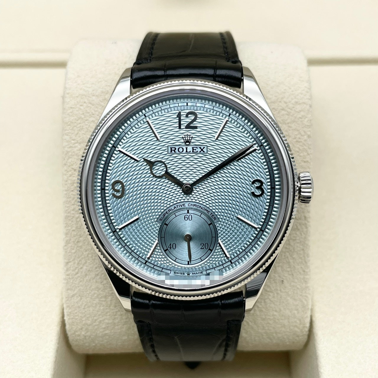 Pre-owned Rolex 1908 52506 Ice Blue Black Leather Belt 39mm