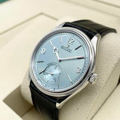 Pre-owned Rolex 1908 52506 Ice Blue Black Leather Belt 39mm