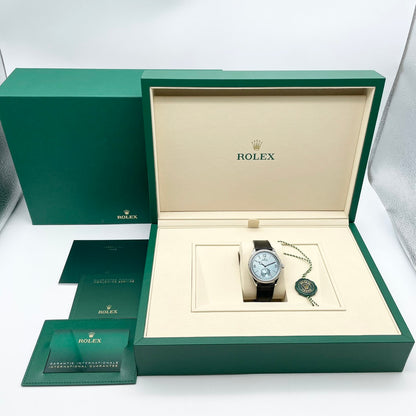 Pre-owned Rolex 1908 52506 Ice Blue Black Leather Belt 39mm